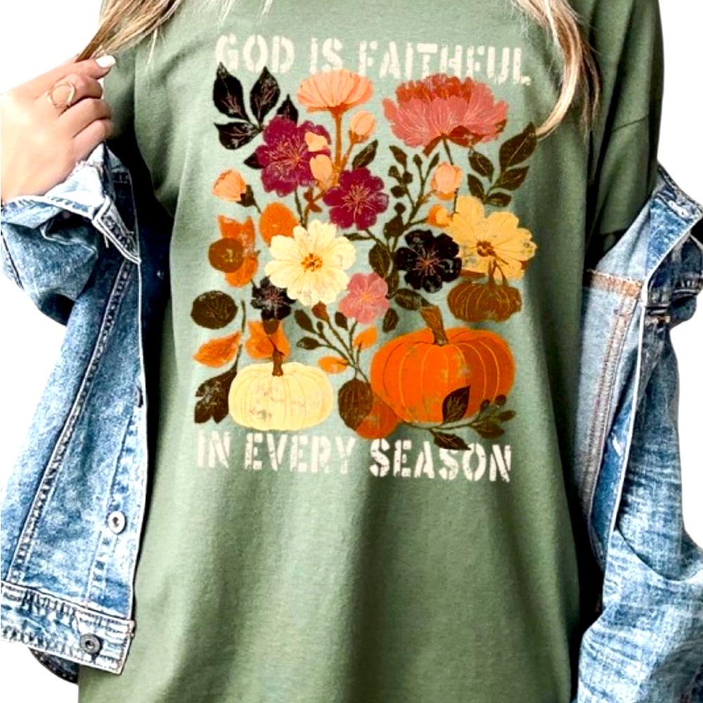 Floral Fall God is Faithful Boho Graphic T Shirt 💯% Cotton - Green